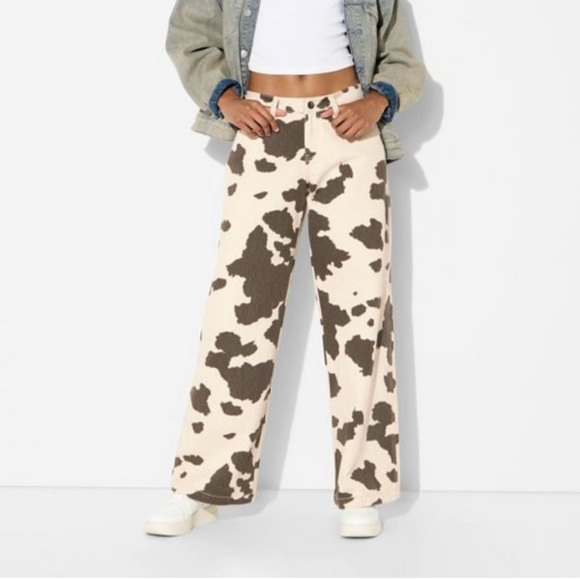 wild fable Pants - Wild Fable Denim High Rise Brown Cow Print Wide Leg Cream Indie Size Large NWT